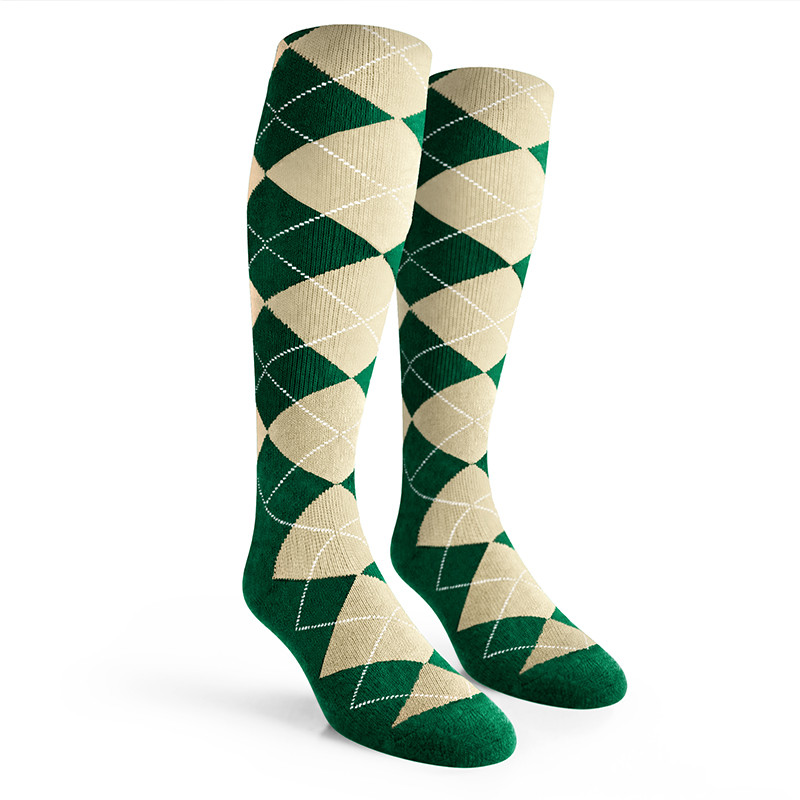Ladies Over the Calf Argyle Socks Dark Green and Natural