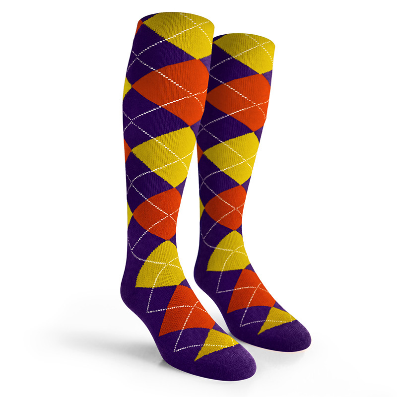 Argyle Socks - Mens Over-the-Calf - IIII: Purple/Orange/Yellow