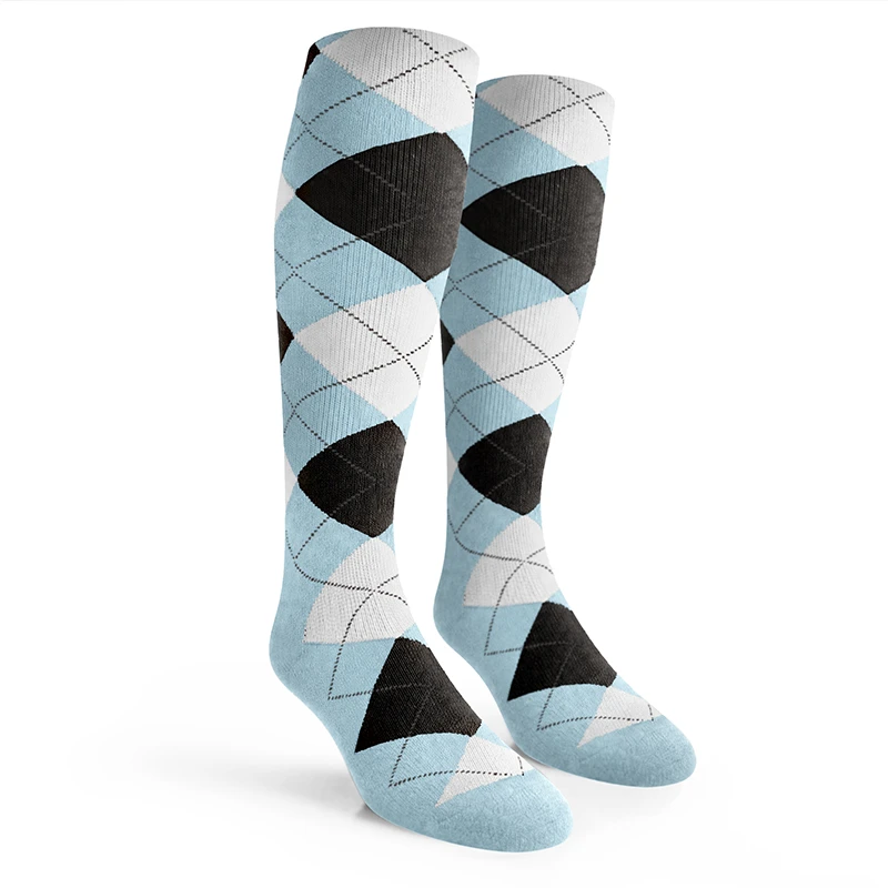 Youth Over the Calf Argyle Socks Light Blue, Black and White