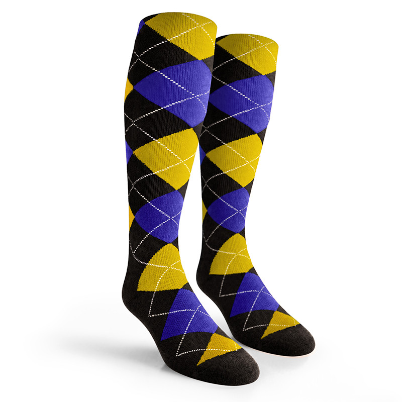 Argyle Socks - Mens Over-the-Calf - SSSS: Black/Royal/Yellow