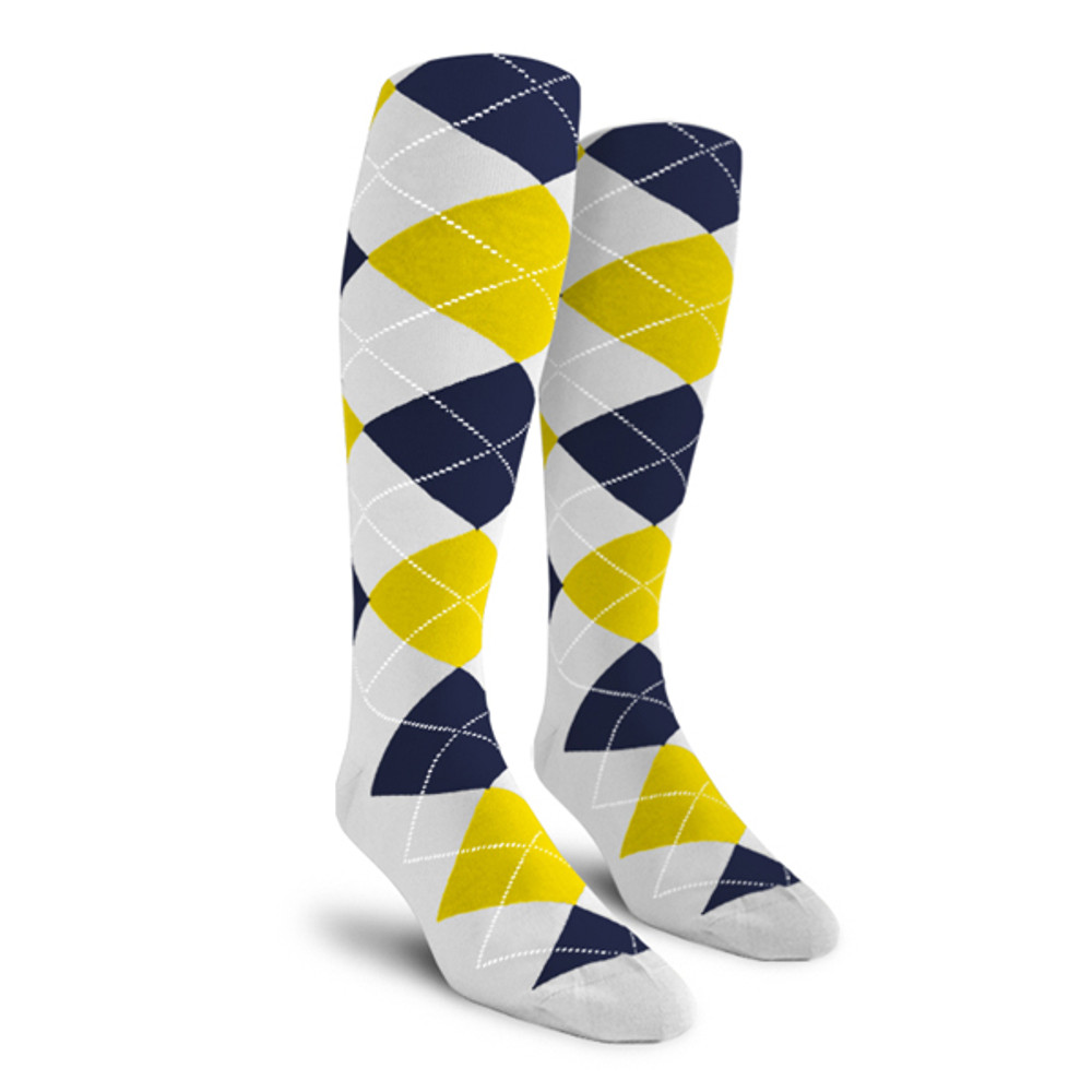 Ladies Over the Calf Argyle Socks White, Yellow and Navy