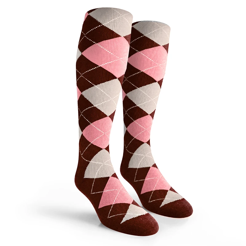 Argyle Socks - Mens Over-the-Calf - AAAA: Brown/Pink/White