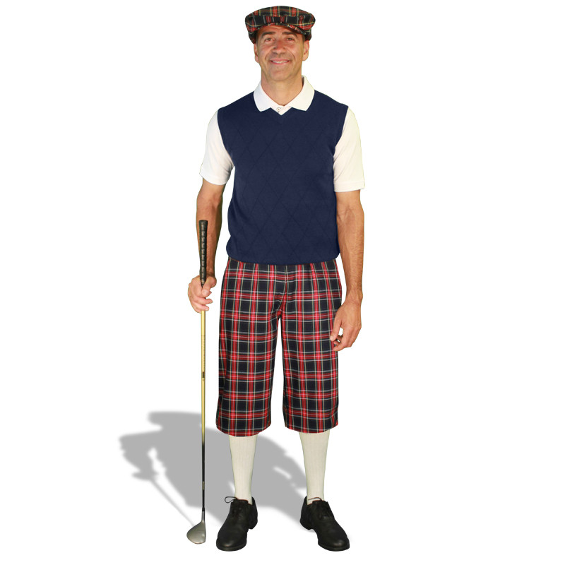 Golf Outfit - Mens Navy Stewart Plaid Golf Knickers & White Shirt