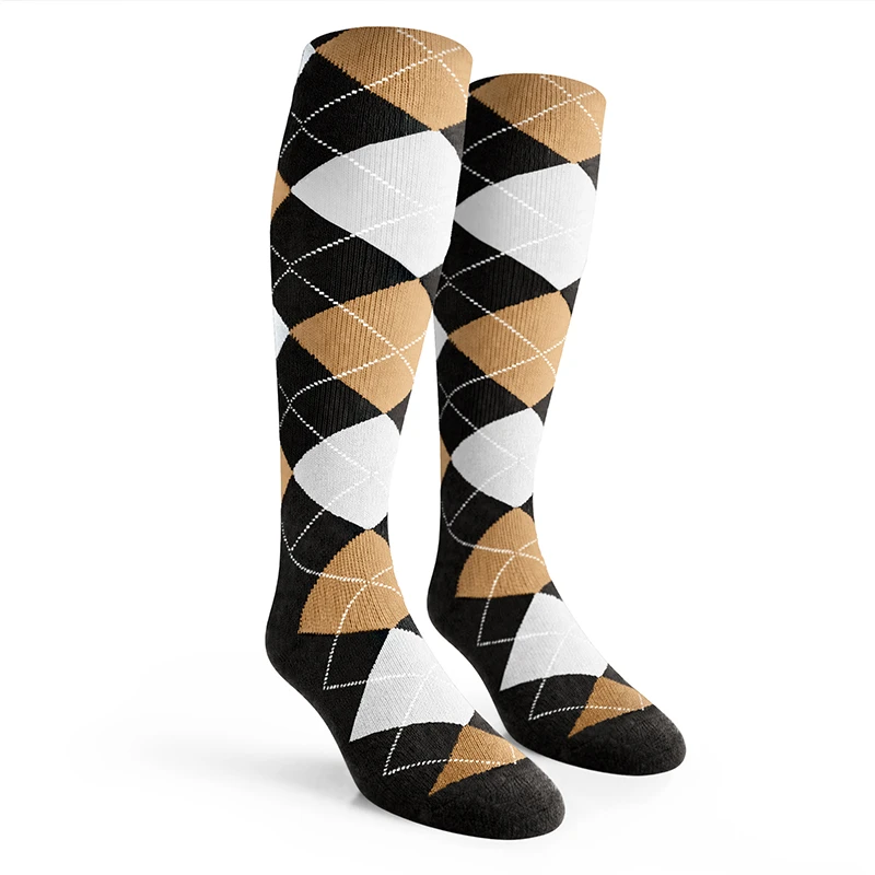 Ladies Over the Calf Argyle Socks Black, Khaki and White