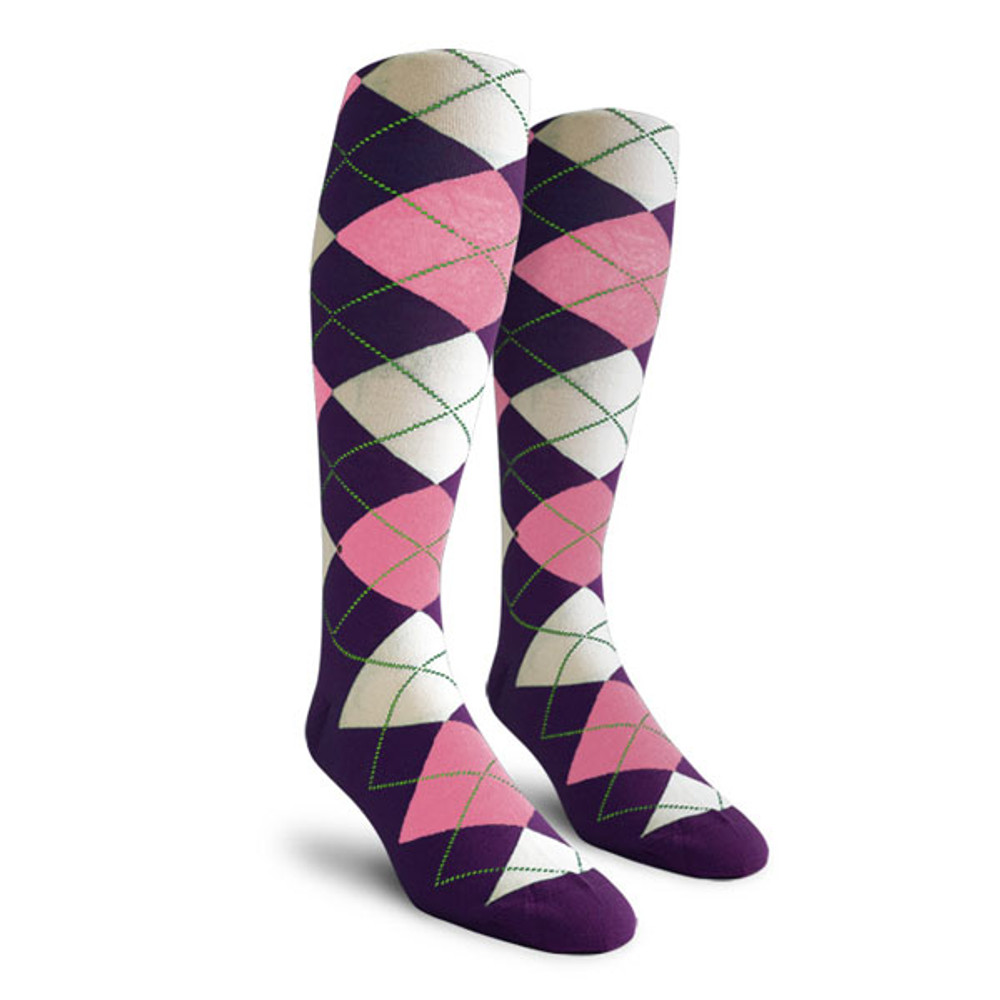 Ladies Over the Calf Argyle Socks Purple, Pink and White