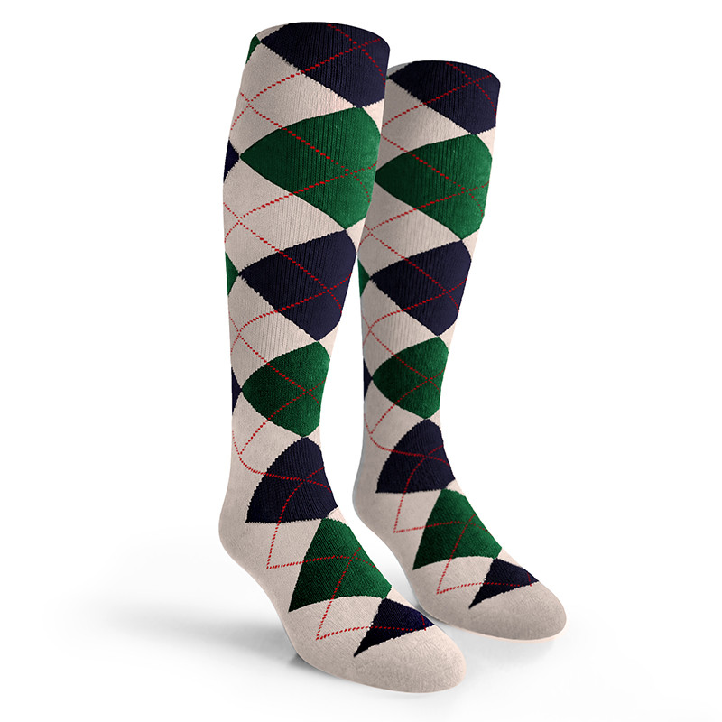 Argyle Socks - Mens Over-the-Calf - JJJ: White/Dark Green/Navy