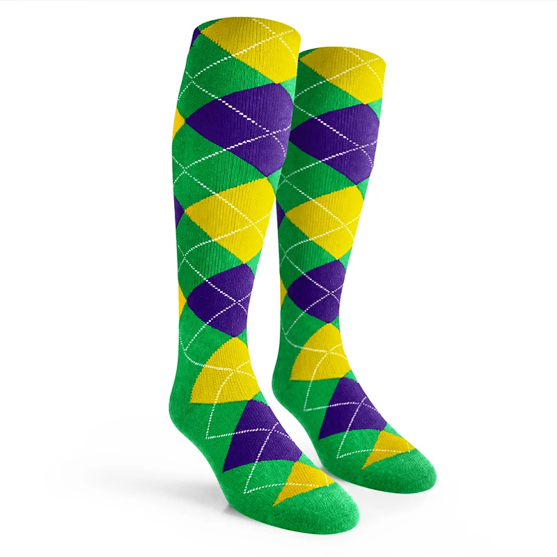 Argyle Socks - Ladies Over-the-Calf - 5E: Lime/Purple/Yellow
