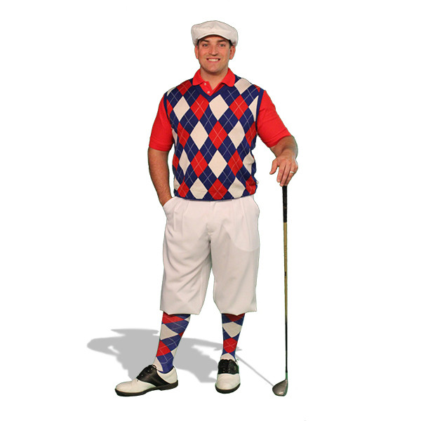 Mens White, Royal & Red Sweater Golf Outfit