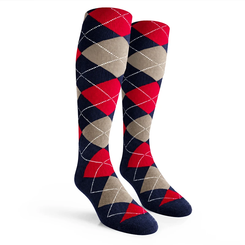 Argyle Socks - Mens Over-the-Calf - V: Navy/Taupe/Red