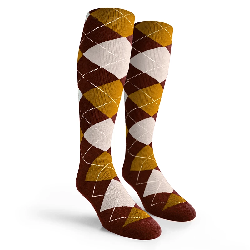 Argyle Socks - Mens Over-the-Calf - EEEE: Brown/Gold/White