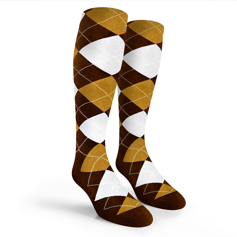 Argyle Socks - Mens Over-the-Calf - EEEE: Brown/Gold/White