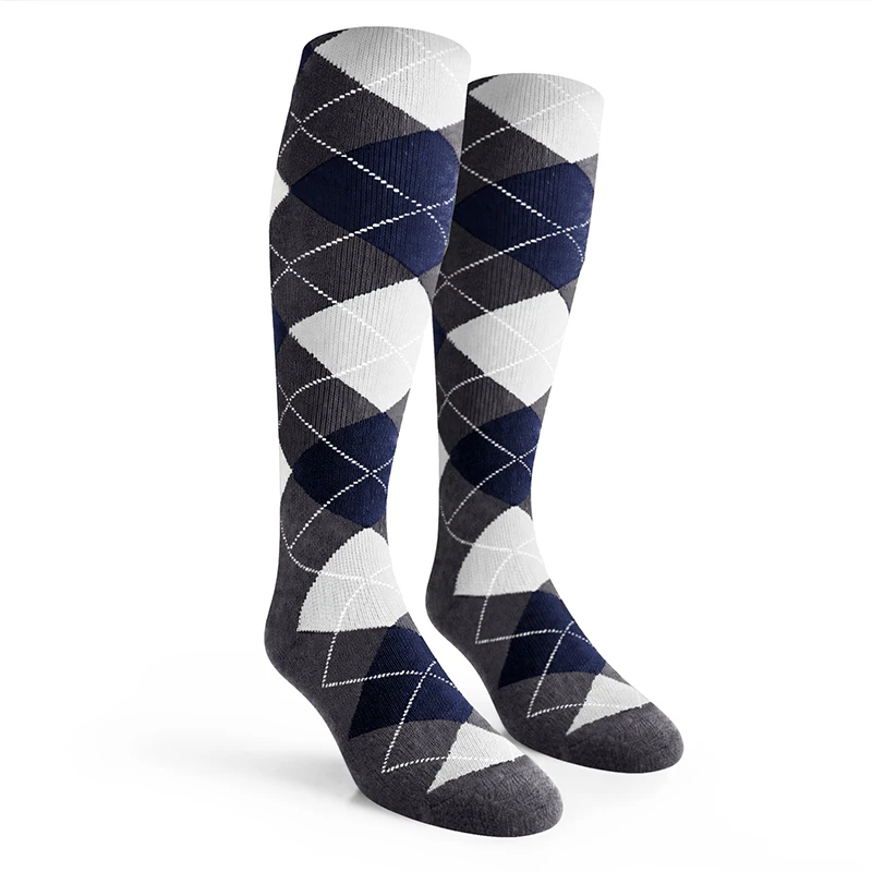 Ladies Over the Calf Argyle Socks Charcoal, Navy and White