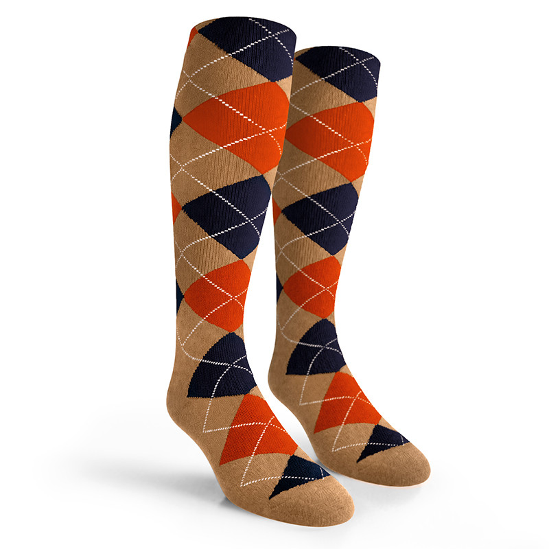 Argyle Socks - Mens Over-the-Calf - PP: Khaki/Orange/Navy