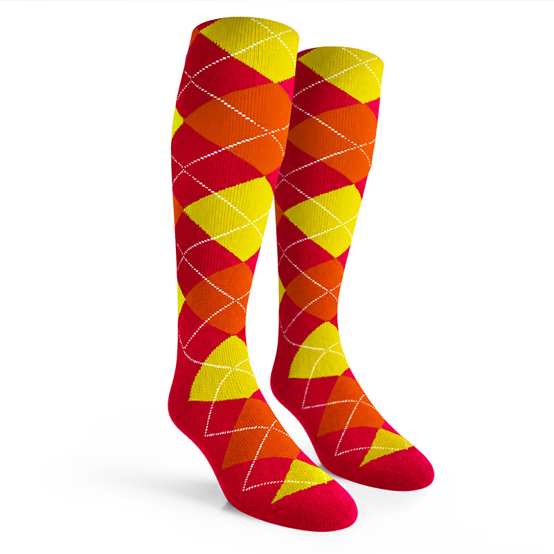 Argyle Socks - Mens Over-the-Calf - 5A: Red/Orange/Yellow