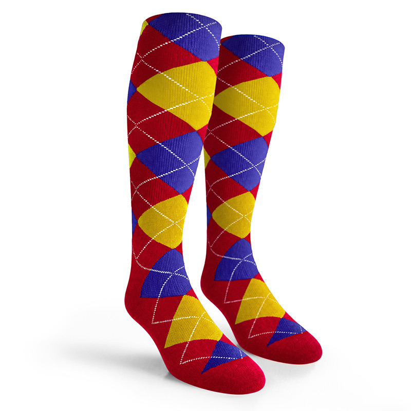 Argyle Socks - Mens Over-the-Calf - 5B: Red/Yellow/Royal