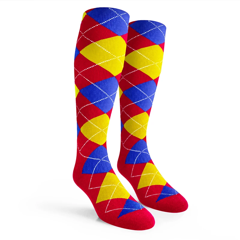 Argyle Socks - Mens Over-the-Calf - 5B: Red/Yellow/Royal
