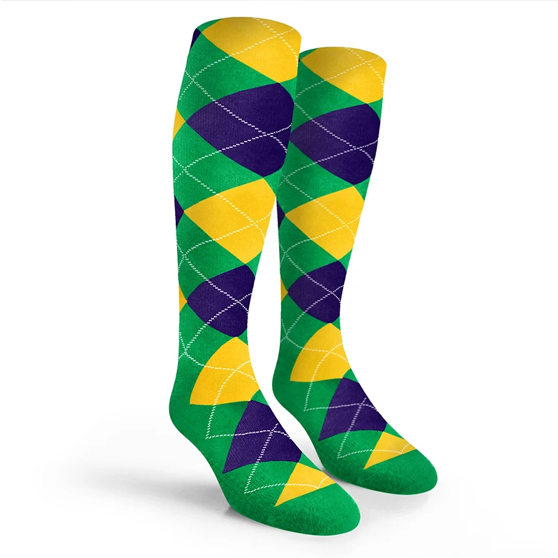 Argyle Socks - Mens Over-the-Calf - 5E: Lime/Purple/Yellow