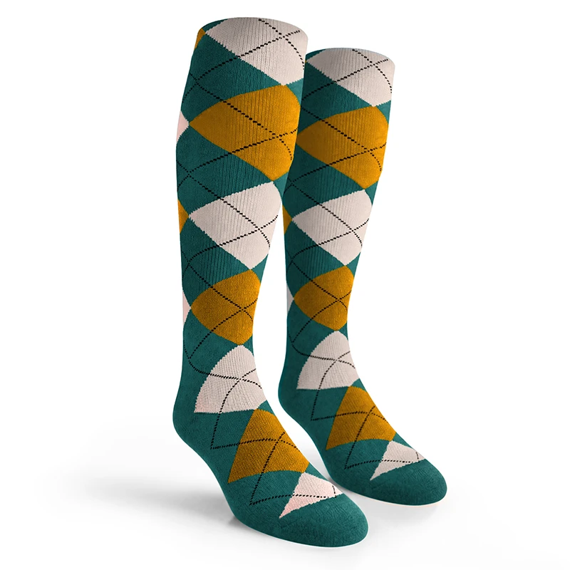 Argyle Socks - Mens Over-the-Calf - 5G: Teal/Bronze/White