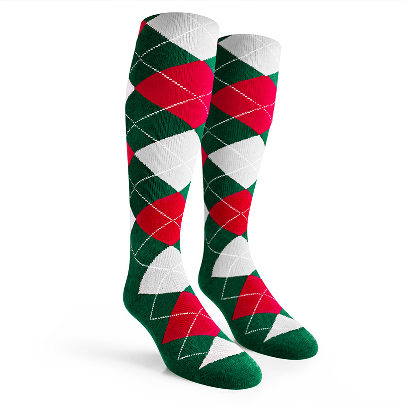 Argyle Socks - Mens Over-the-Calf - 5L: Dark Green/Red/White