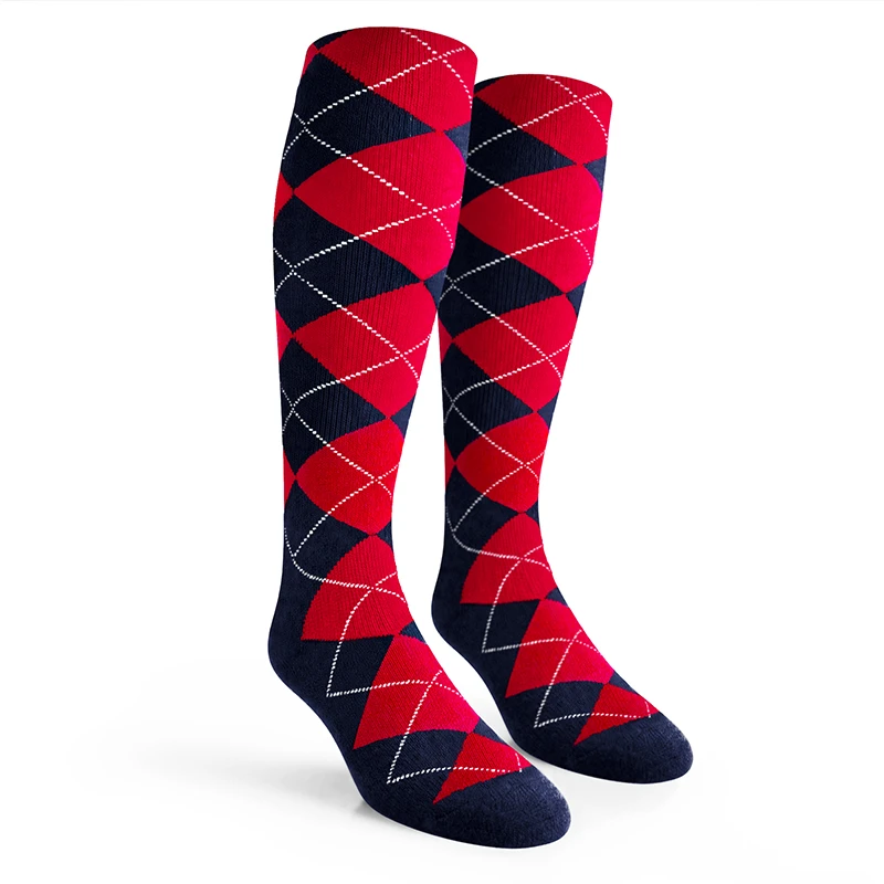Ladies Over the Calf Argyle Socks Navy and Red