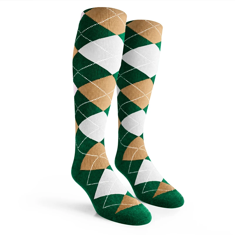 Ladies Over the Calf Argyle Sock Dark Green, Khaki and White
