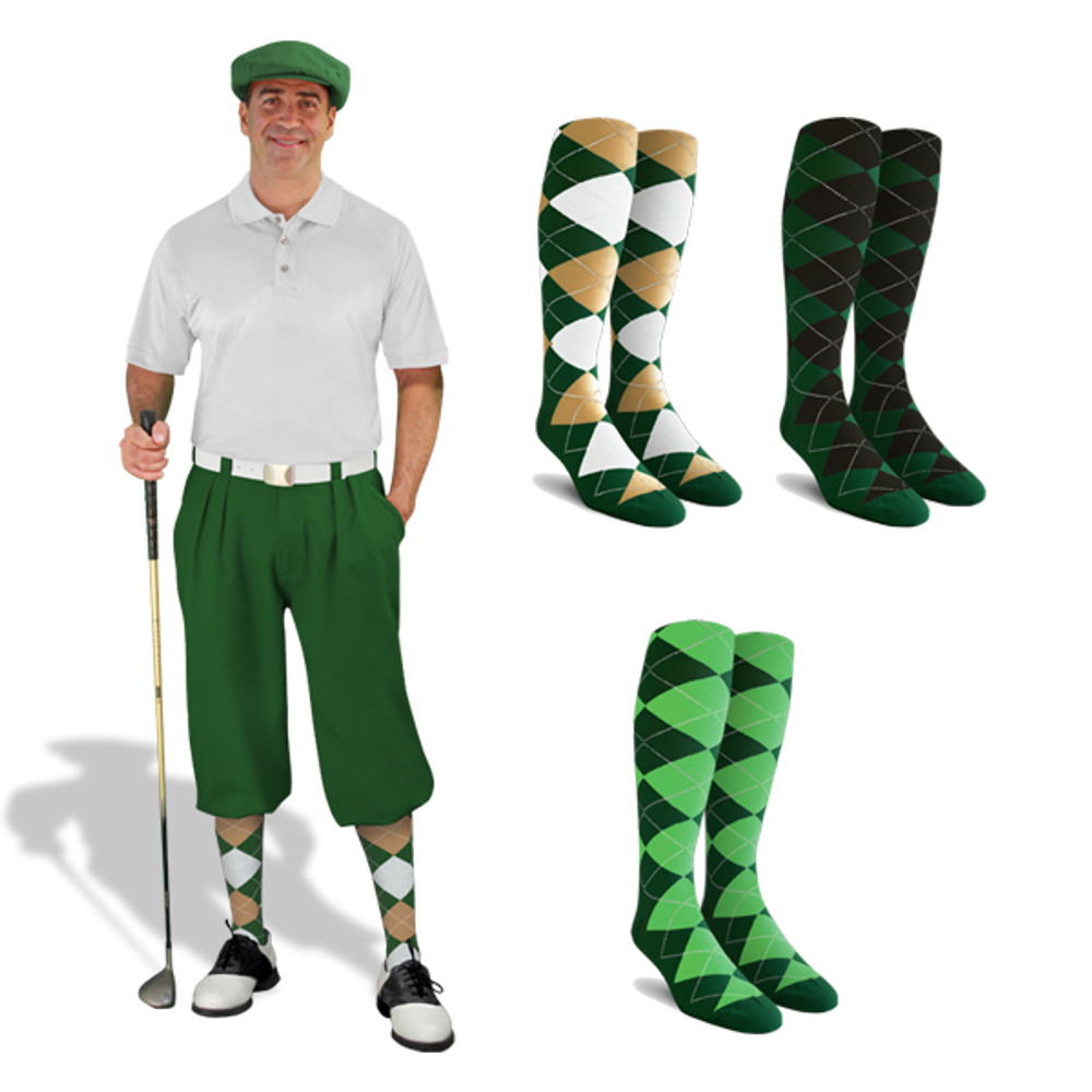 Mens Outdoor Sports Dark Green Microfiber Golf Knickers and Golf Cap with Three Matching Argyle Socks