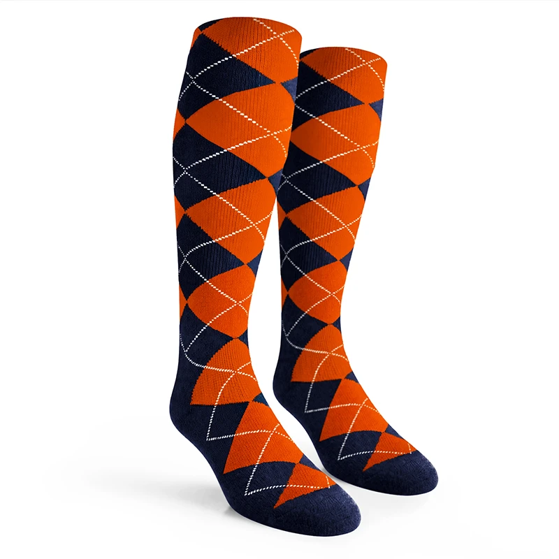 Ladies Over the Calf Argyle Socks Navy and Orange