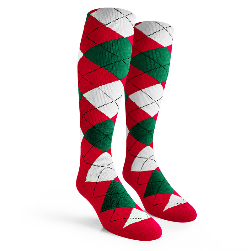 Argyle Socks - Mens Over-the-Calf - 5P: Red/Dark Green/White