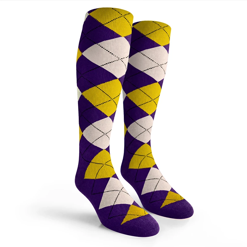 Argyle Socks - Mens Over-the-Calf - 5Q: Purple/Yellow/White