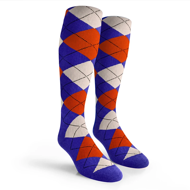 Argyle Socks - Mens Over-the-Calf - 5S: Royal/White/Orange