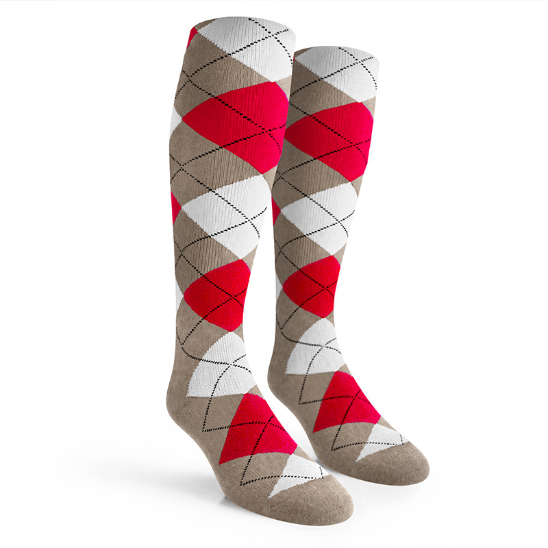Argyle Socks - Mens Over-the-Calf - 5T: Taupe/Red/White
