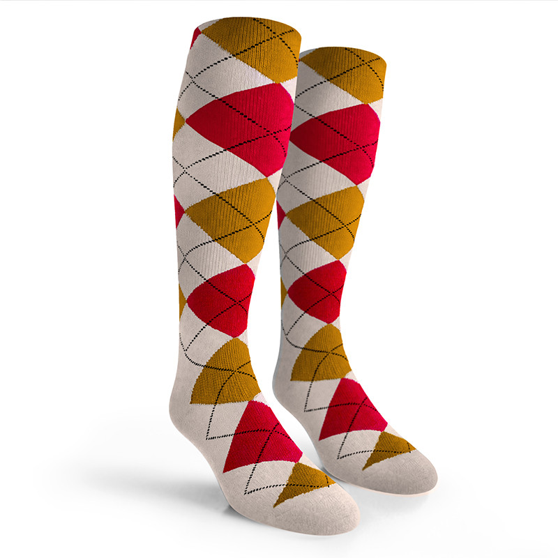 Argyle Socks - Mens Over-the-Calf - 5W: White/Gold/Red