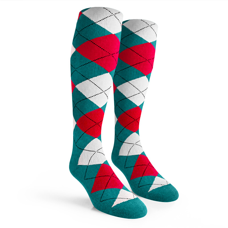 Argyle Socks - Ladies Over-the-Calf - 5X: Teal/Red/White