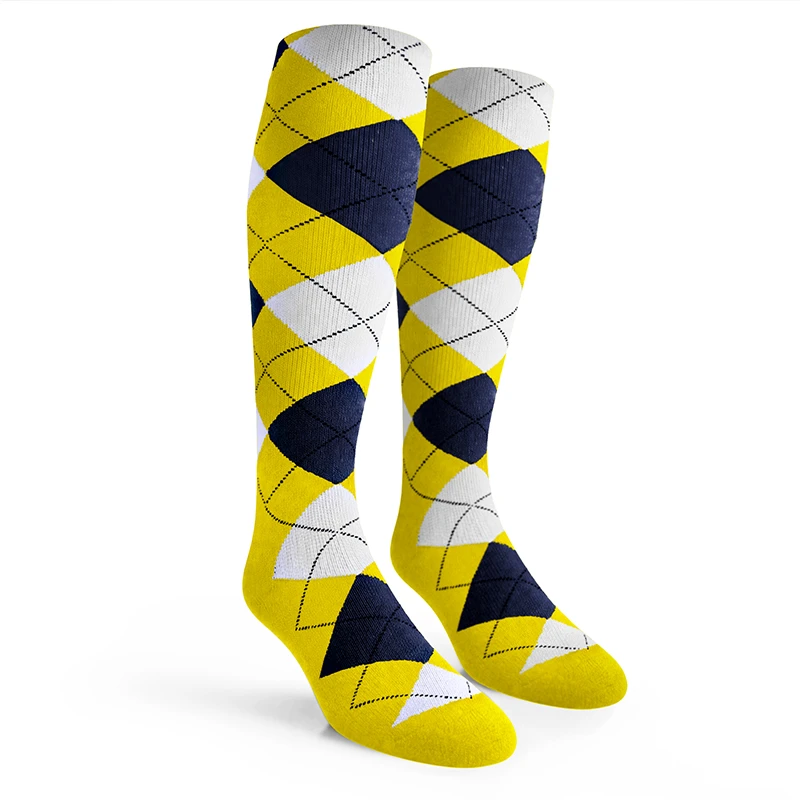 Youth Over the Calf Argyle Socks Yellow, Navy and White