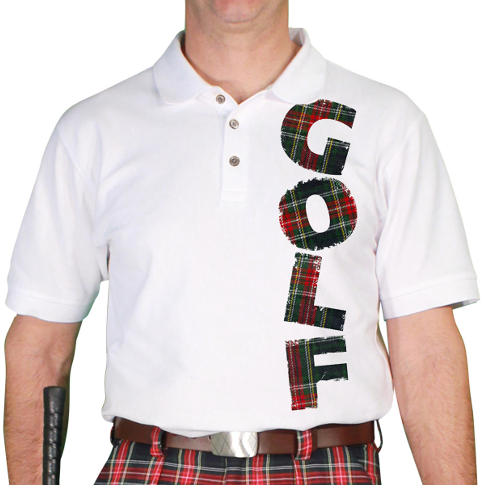 Mens Sport Pro Dry White Microfiber Shirt with Navy Stewart Plaid Golf Design
