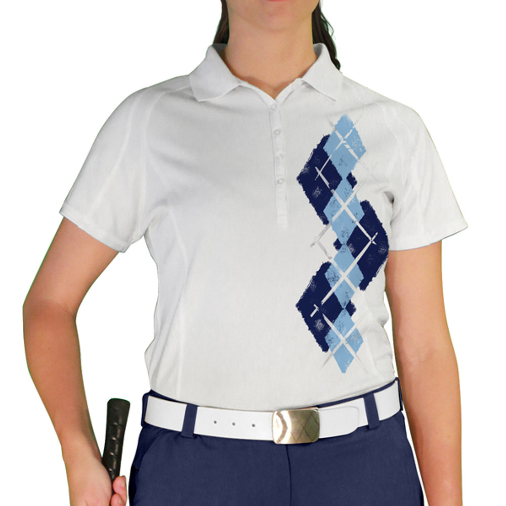 Ladies Sport Pro Dry White Microfiber Shirt with Navy Blue and Light Blue Argyle Paradise Design Front