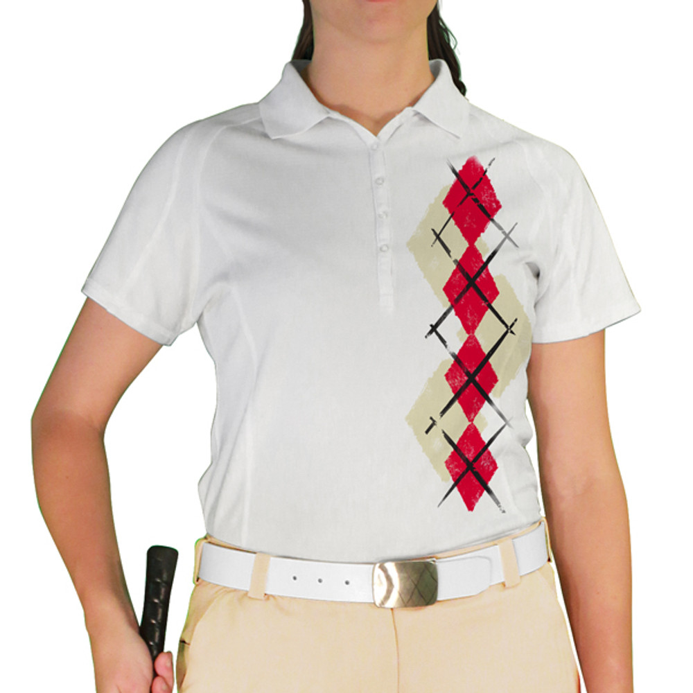 Ladies Sport Pro Dry White Microfiber Shirt with Natural and Red Argyle Paradise Design Front