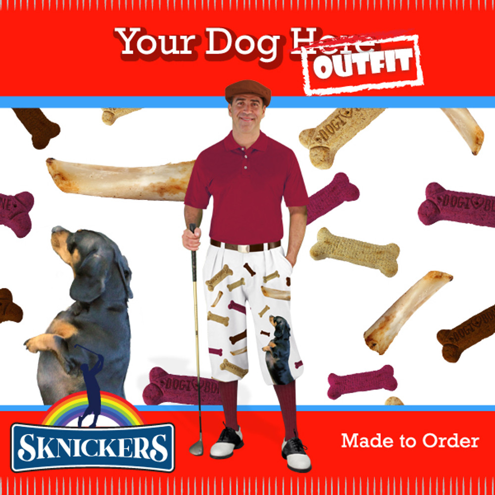 Mens Snickers Dog, Cat and Pet Treats Outfit Outdoor Sports White Microfiber Golf Knickers featuring your favorite pet or pets and their favorite Snacks, With Matching Cap, Shirt and Argyle Socks