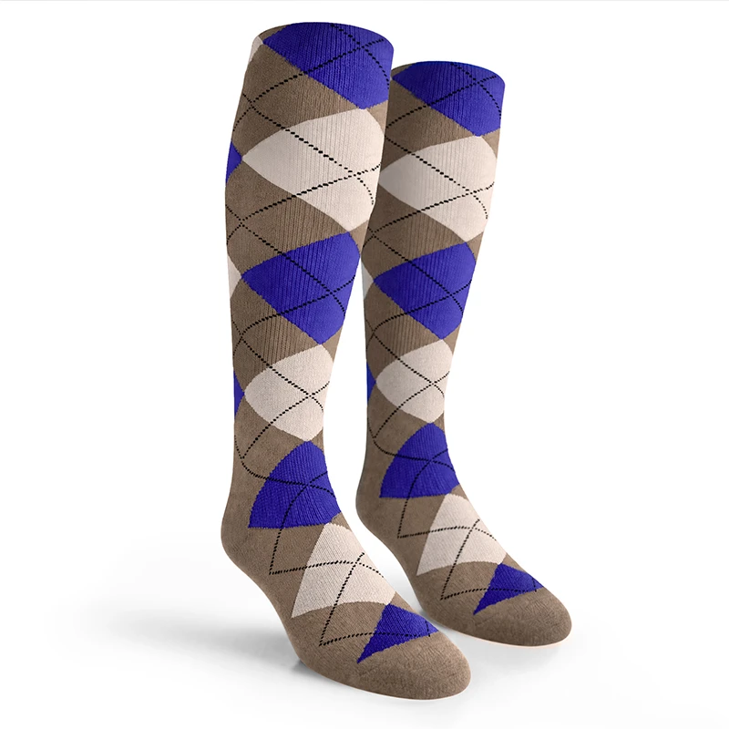 Argyle Socks - Mens Over-the-Calf - 6G: Taupe/White/Royal