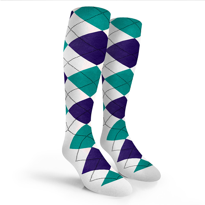 Argyle Socks - Mens Over-the-Calf - 6J: White/Purple/Teal