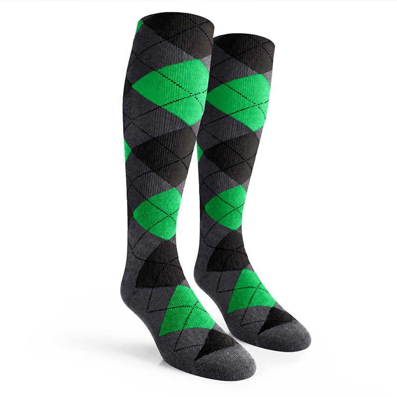 Argyle Socks - Mens Over-the-Calf - 6L: Charcoal/Black/Lime