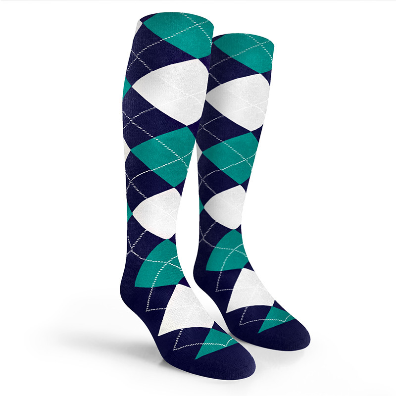Argyle Socks - Mens Over-the-Calf - 6P: Navy/White/Teal