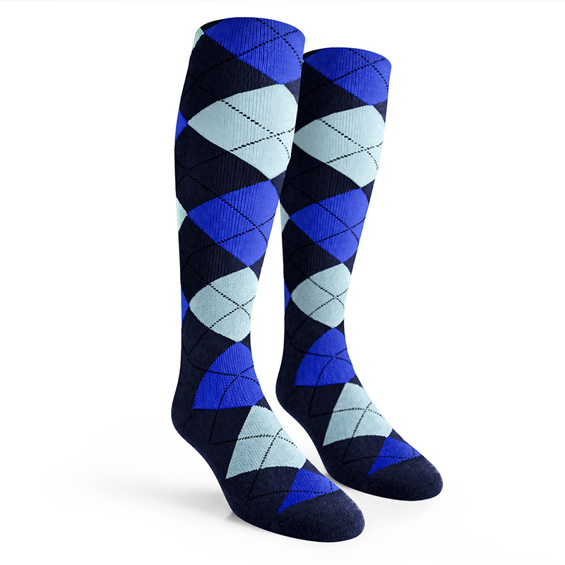 Argyle Socks - Mens Over-the-Calf - 6S: Navy/Royal/Light Blue