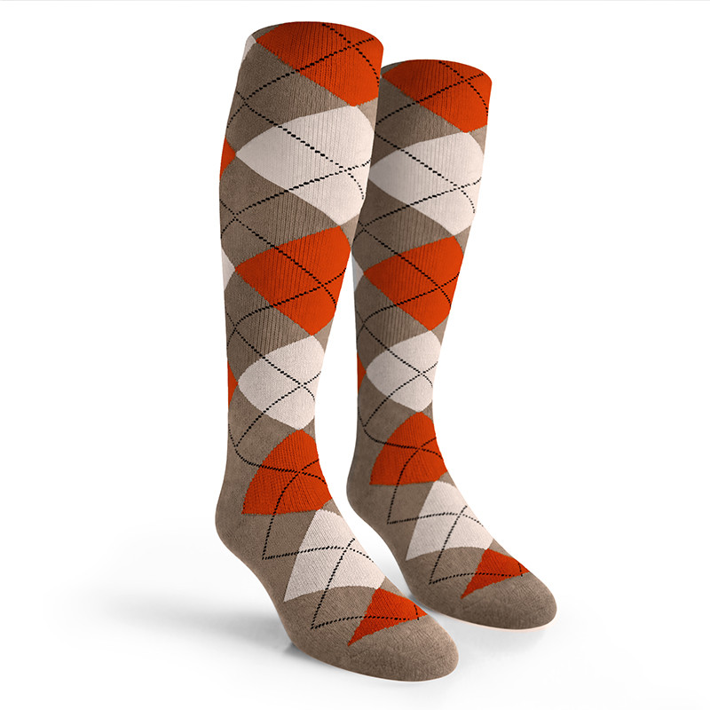 Argyle Socks - Mens Over-the-Calf - 6X: Taupe/Orange/White