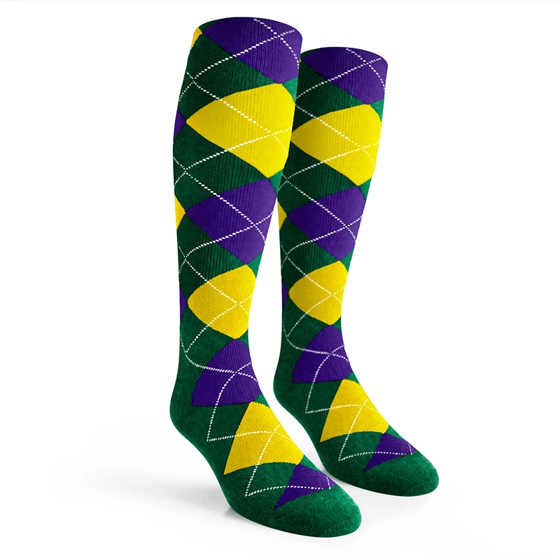Argyle Socks - Ladies Over-the-Calf - 6F: Dark Green/Yellow/Purple
