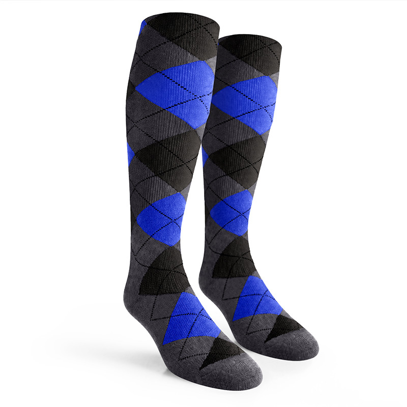 Argyle Socks - Ladies Over-the-Calf - 6H: Charcoal/Black/Royal