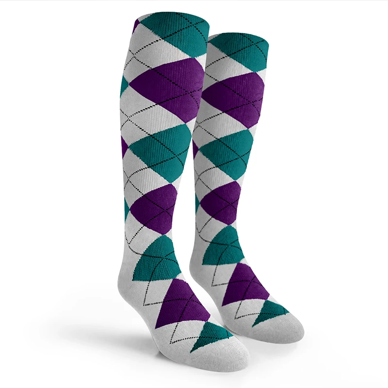 Argyle Socks - Ladies Over-the-Calf - 6J: White/Purple/Teal