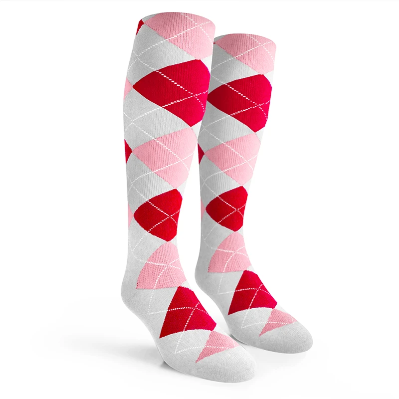 Argyle Socks - Ladies Over-the-Calf - 6Q: White/Pink/Red