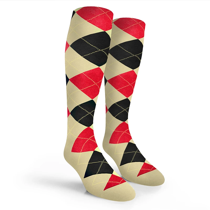 Argyle Socks - Mens Over-the-Calf - C: Natural/Black/Red