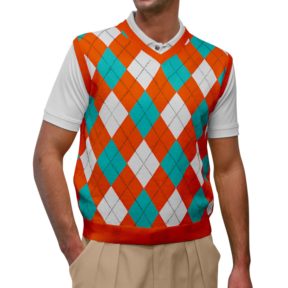 Argyle Golf Sweater Vest | Orange/White/Teal | Mens